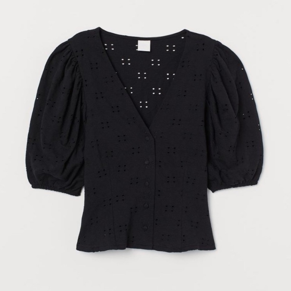 Black Embroidered Balloon/ Puff Sleeve Top